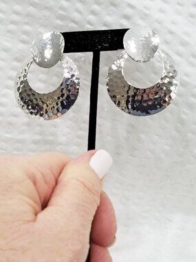 New Signed Premier Designs Large Hammered Silver Tone Doorknocker-Style Earrings